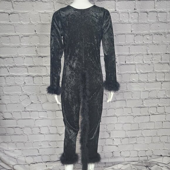 Rainbeau Black Velour Feather Trimmed Cat Leotard, Women's Small - Picture 4 of 11